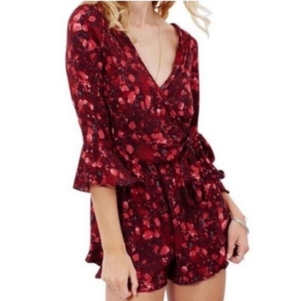 Free People Red Floral All The Right Ruffles Romper Size Small